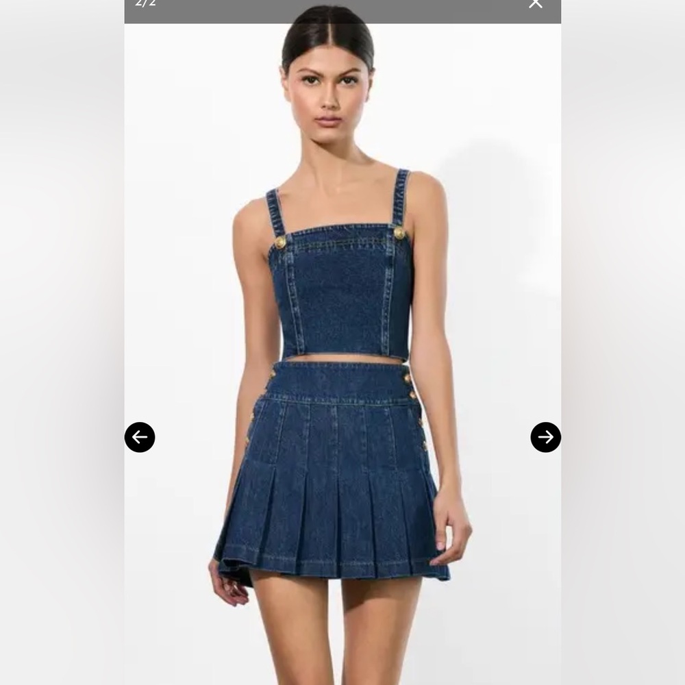 Alice + Olivia Lanna Dark Blue Denim Pleated Skirt with Gold Buttons